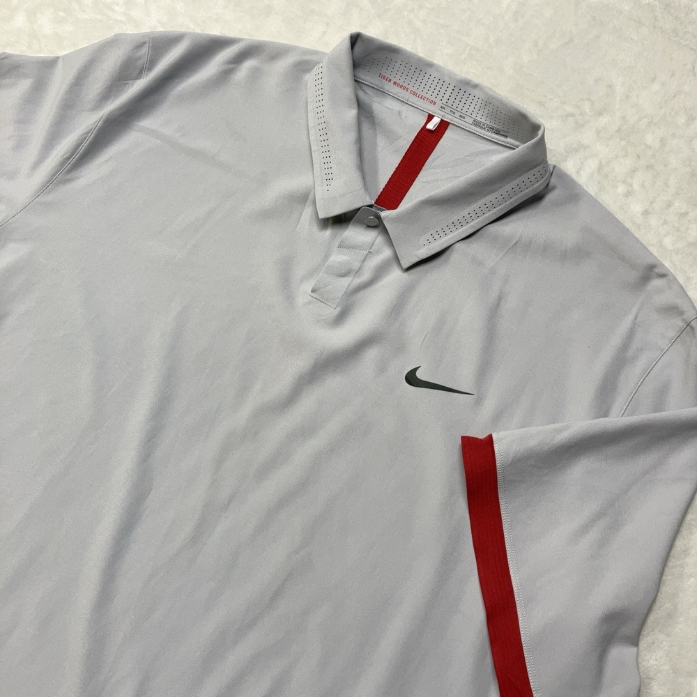 Nike Tiger Woods Collection Golf Polo Mens 2XL Dri-Fit Red Gray Striped Poly
